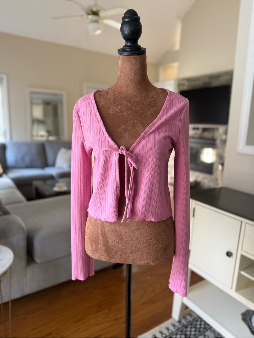 Ribbed Tie-Front Crop Top in Pink
